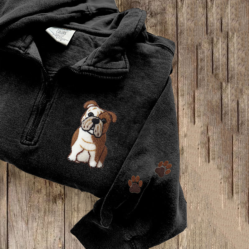 Comstylish Cute English Bulldog Applique Embroidery Art Zipper Sweatshirt