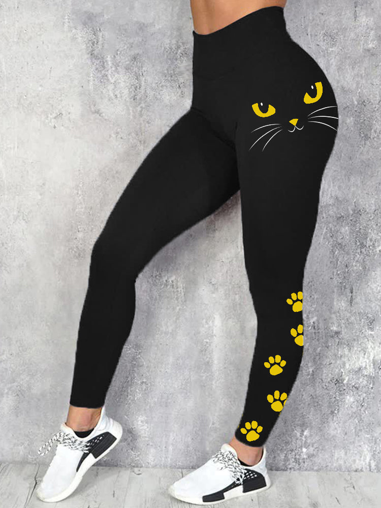 Black Cat Face Paw Print Comfy Leggings elevenforest