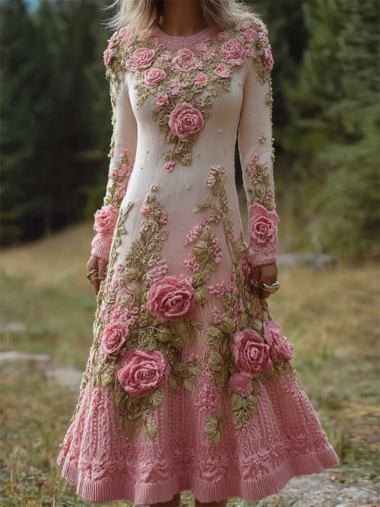 Vintage Pink Floral Gradient Cozy Knit Maxi Sweater Dress artswardrobe