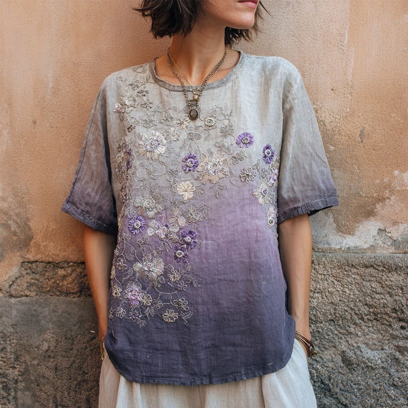 Vintage Purple Floral Embroidered Gradient Linen Shirt artswardrobe