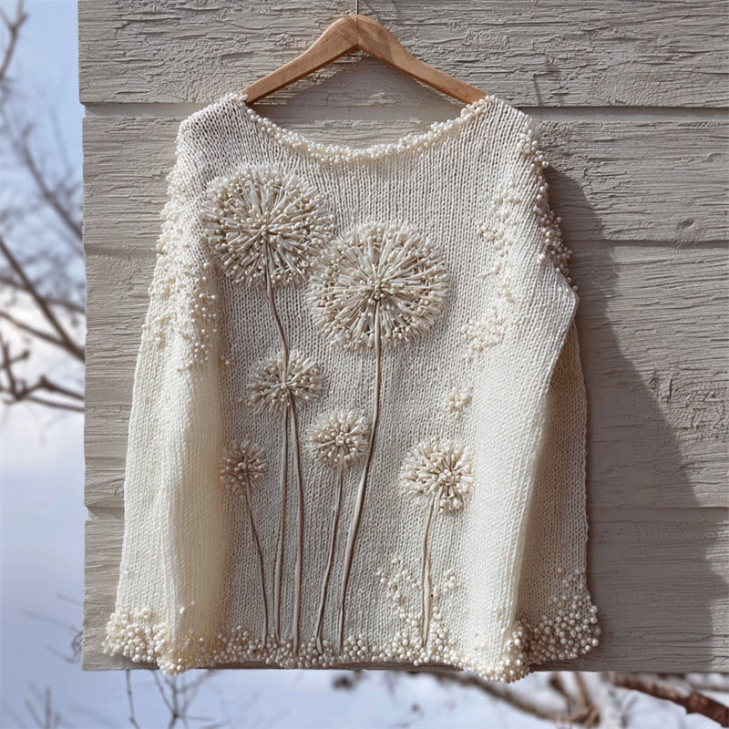 Vintage Dandelion Beaded Embroidered Cozy Knit Sweater artswardrobe