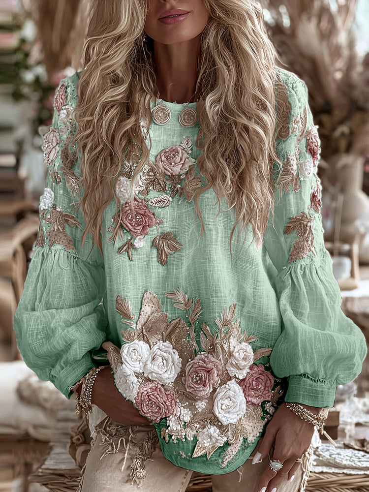 Women's Vintage Romantic White Rose Embroidery Art Comfy Linen Long Sleeve Shirt artswardrobe