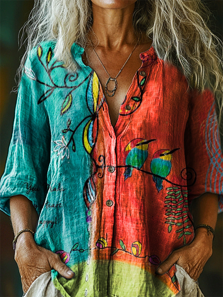Women's Vintage Floral Bird Art Print Casual Cotton Linen Shirt