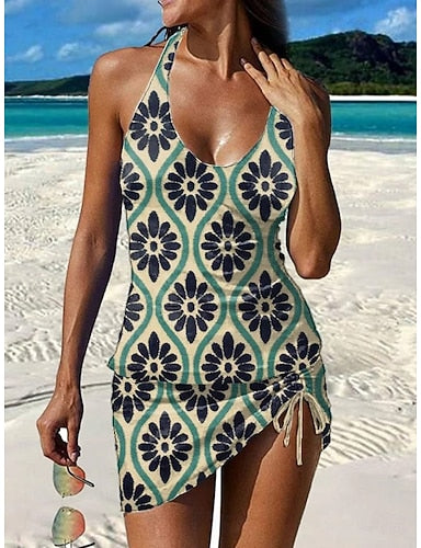 Swimwear Tankini Skirt Swimsuit Halter Vacation Graphic V Neck Sleeveless Bathing Suits