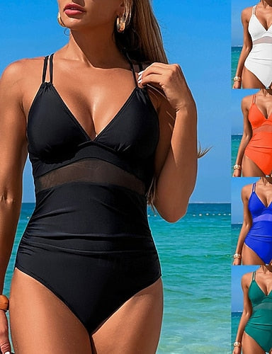 One Piece Swimsuit Deep V Open Back Swimwear Colored Swimwear Black White Breathable Quick Dry Lightweight Sleeveless - Swimming Surfing Beach Summer Spring