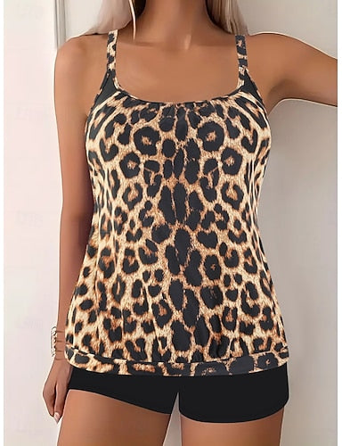 Tankini 2 Piece Swimsuit Leopard Shorts Tummy Control High Waist Slim Backless Vacation Beach Wear Leaves Scoop Neck Sleeveless Bathing Suits