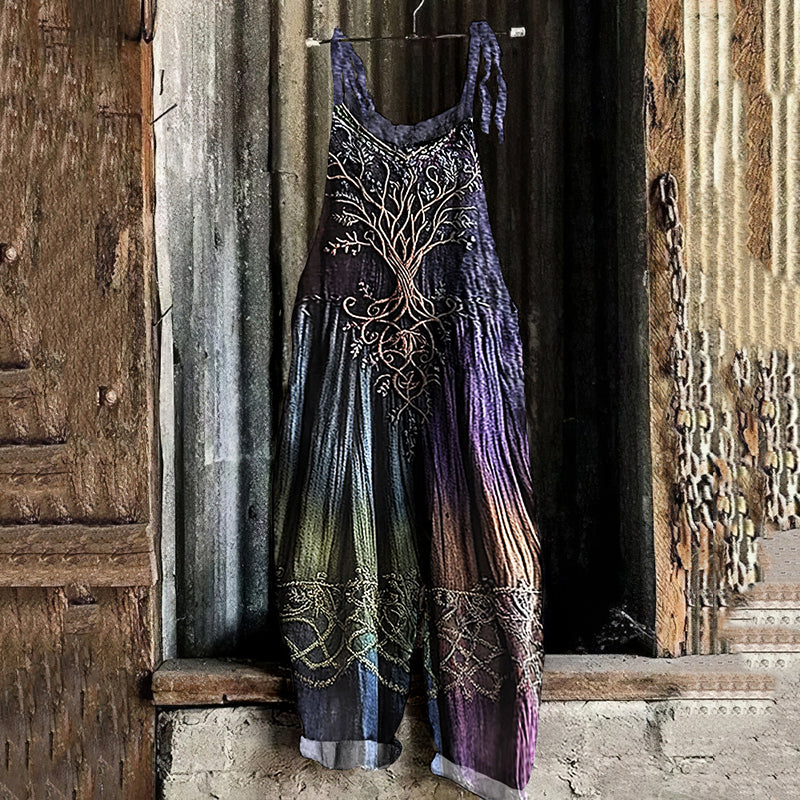 Vintage Viking Tree Of Life Gradient Art Linen Jumpsuit artswardrobe