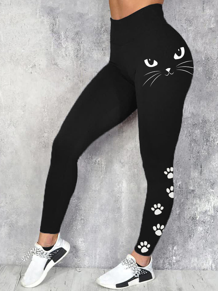 Black Cat Face Paw Print Comfy Leggings elevenforest