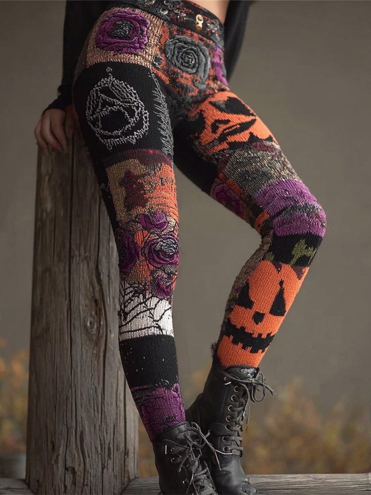 Halloween Pumpkin Emoji Patchwork Women's Knit Leggings artswardrobe