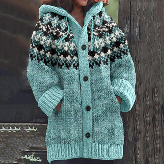 Fairman Island Geometric Contrast Print Hooded Sweater Cardigan elevenforest