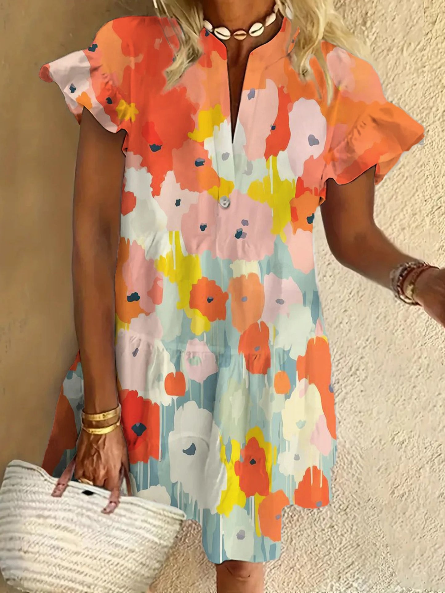 Floral Print Ruffled Short-sleeved V-neck Buttoned Dress Vacation Beach Dress