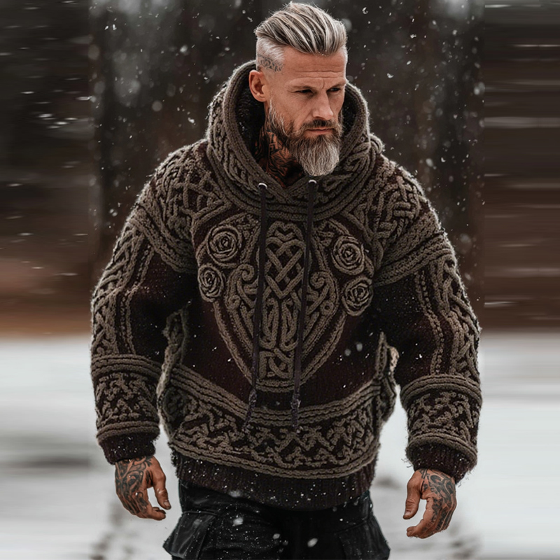 Men's Viking Tribal Jacquard Celtic With Rose Inspired Chunky Knit Hooded Sweater elevenforest