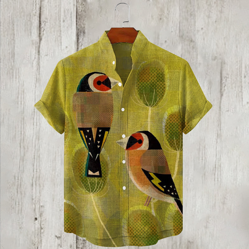 Abstract Art Bird Graphics Print Linen Men's Shirt artswardrobe