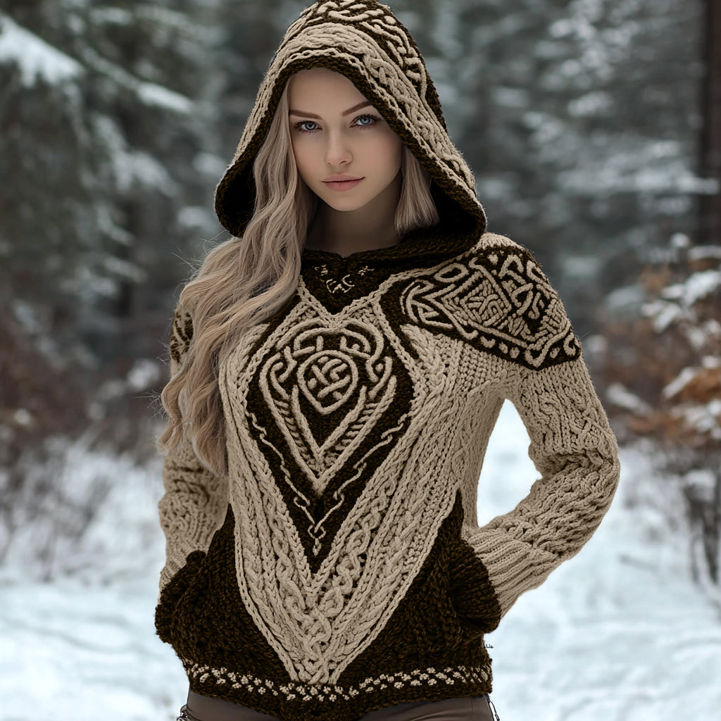 Women's Viking Wolf Style Celtic Thick Hooded Sweater elevenforest