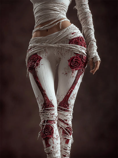 Comstylish Classy Skeleton Anatomy Bloody Roses Bandages Knit Leggings