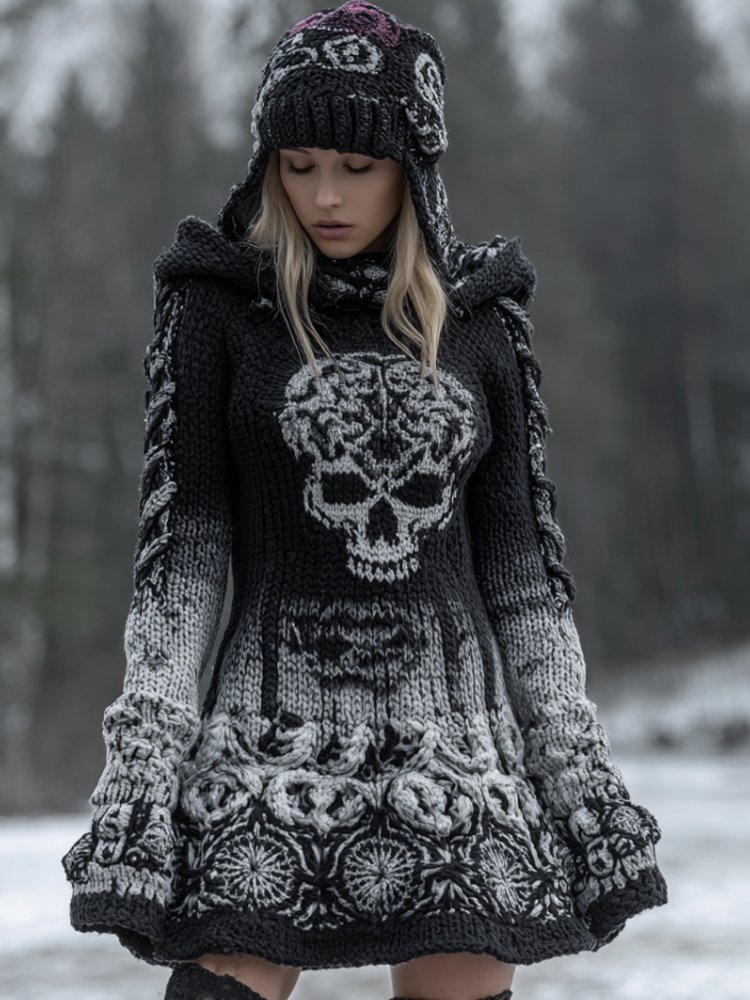 Halloween Viking Style Lady Hooded Knit Sweater Dress artswardrobe