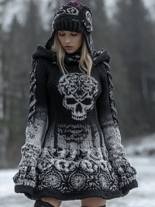 Halloween Viking Style Lady Hooded Knit Sweater Dress artswardrobe