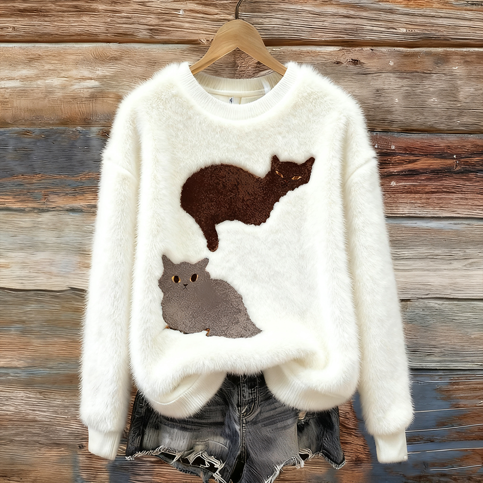 Comstylish Fun Cat Pattern Women's Round Neck Flannel Sweatshirt