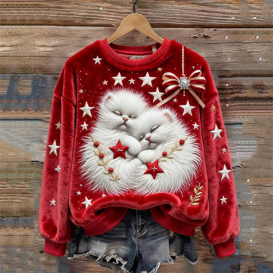 Christmas Sleeping Cats Stars Embroidered Cozy Plush Sweatshirt elevenforest
