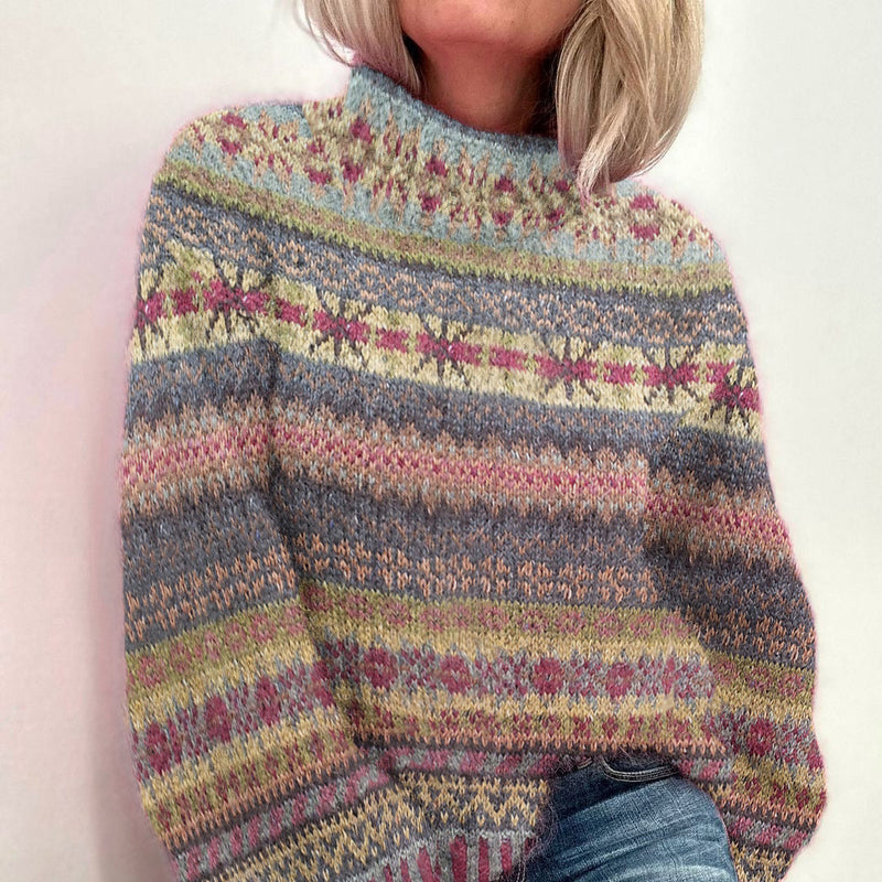 Maglione in cotone a righe melange pastello con collo alto