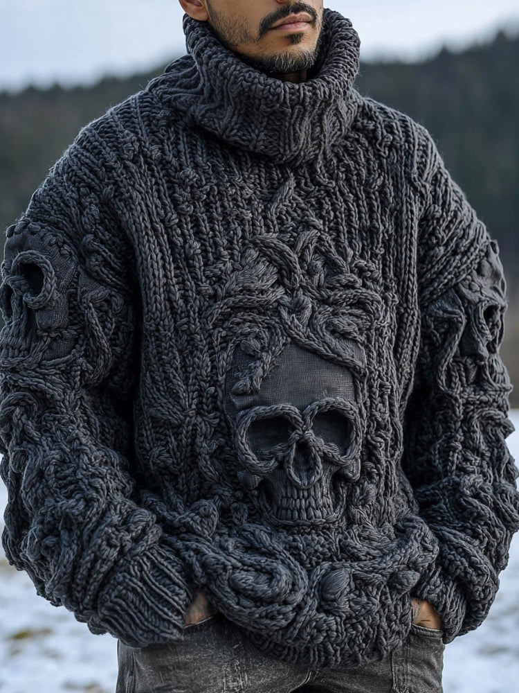 Men's Vintage Skull Jacquard Cozy Chunky Turtleneck Sweater elevenforest