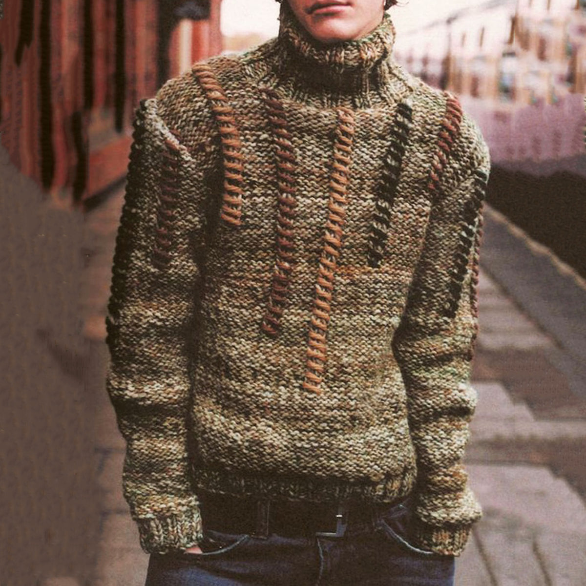 Men'S Vintage Drawstring Jacquard Knit Turtleneck Sweater elevenforest