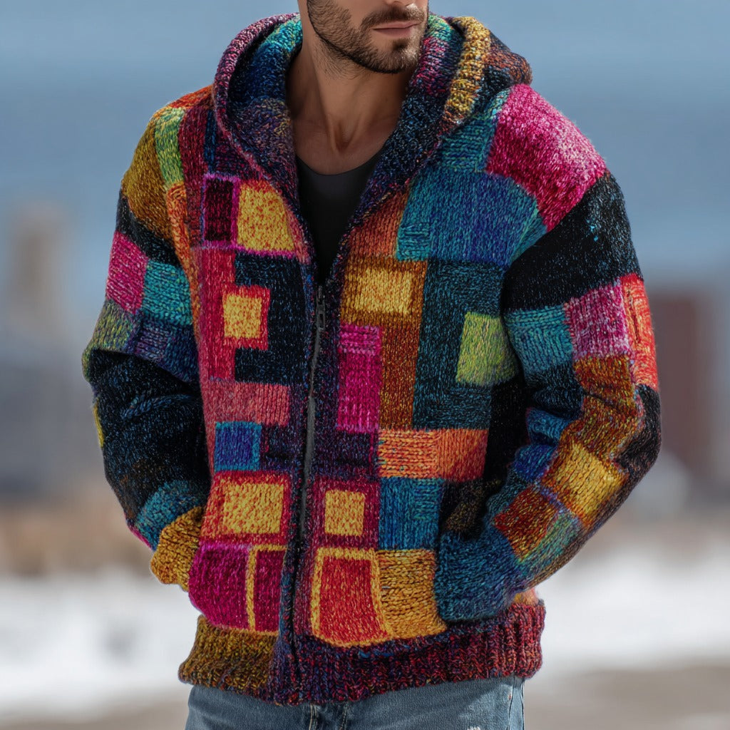 Men's Retro Geometric Knit Warm Hooded Zip-up Sweater artswardrobe