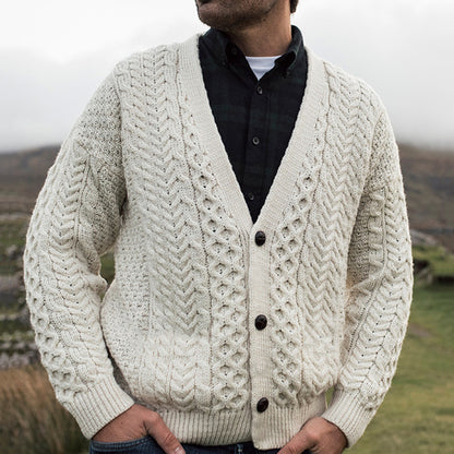 Men's Merino Wool Aran V-Neck Sweater Cardigan elevenforest
