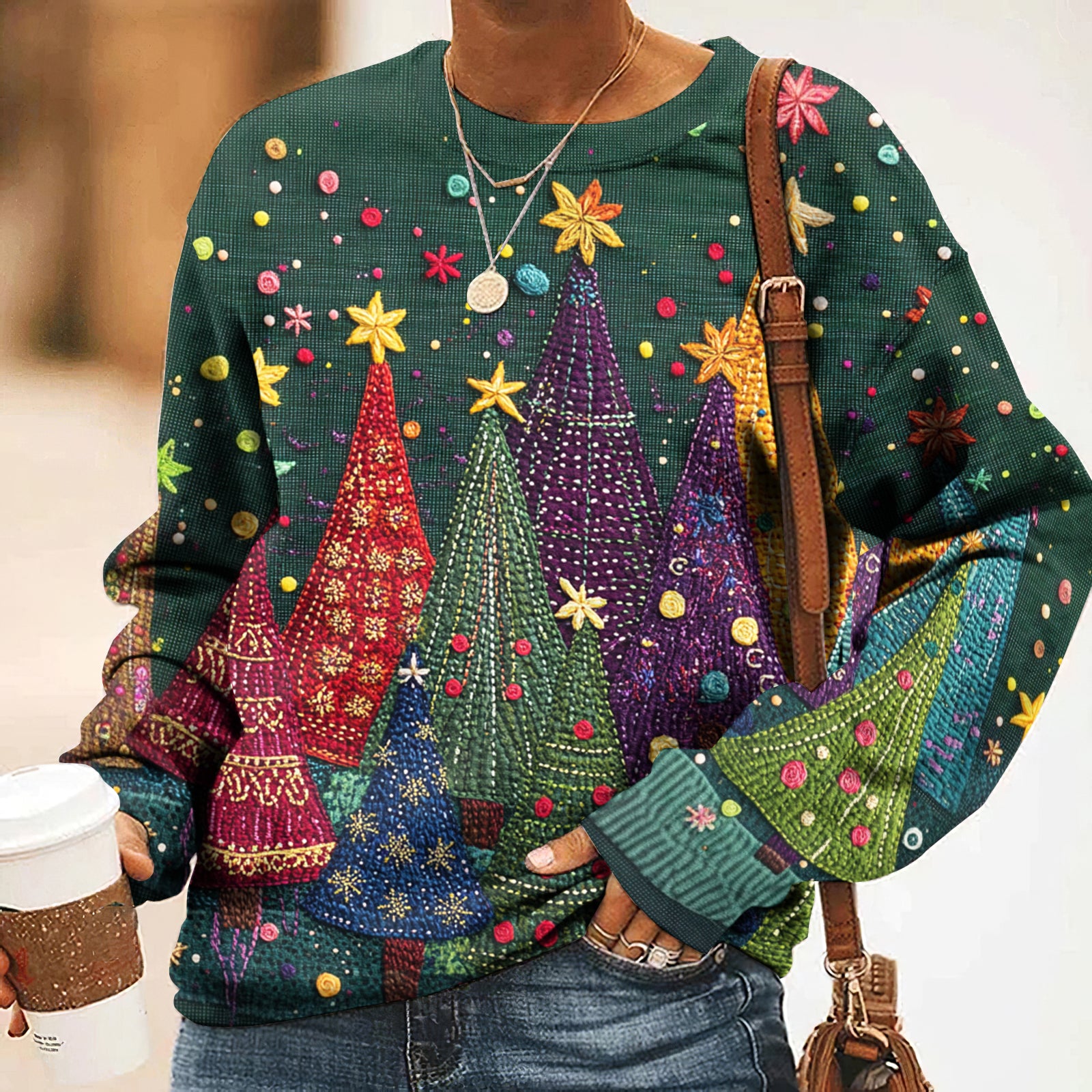 Comstylish Christmas Tree Art Print Crew Neck Sweatshirt