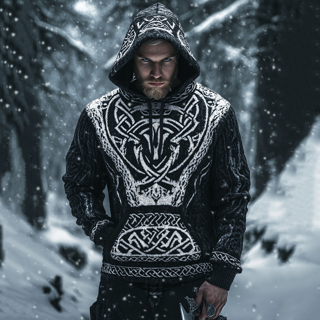 Men's Viking Tribal Wolf Jacquard Celtic Inspired Chunky Knit Hooded Sweater elevenforest