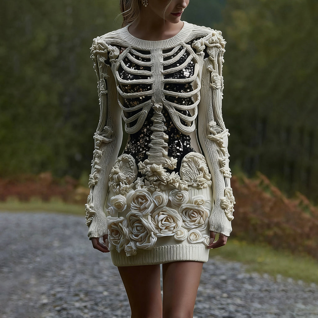 Women's Vintage Halloween Skeleton Bones With Glitter And Rose Art Cozy Knit Mini Sweater Dress artswardrobe