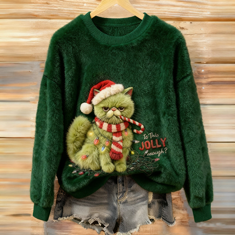 Comstylish Funny Christmas Tree Kitten Art Plush Pattern Sweater