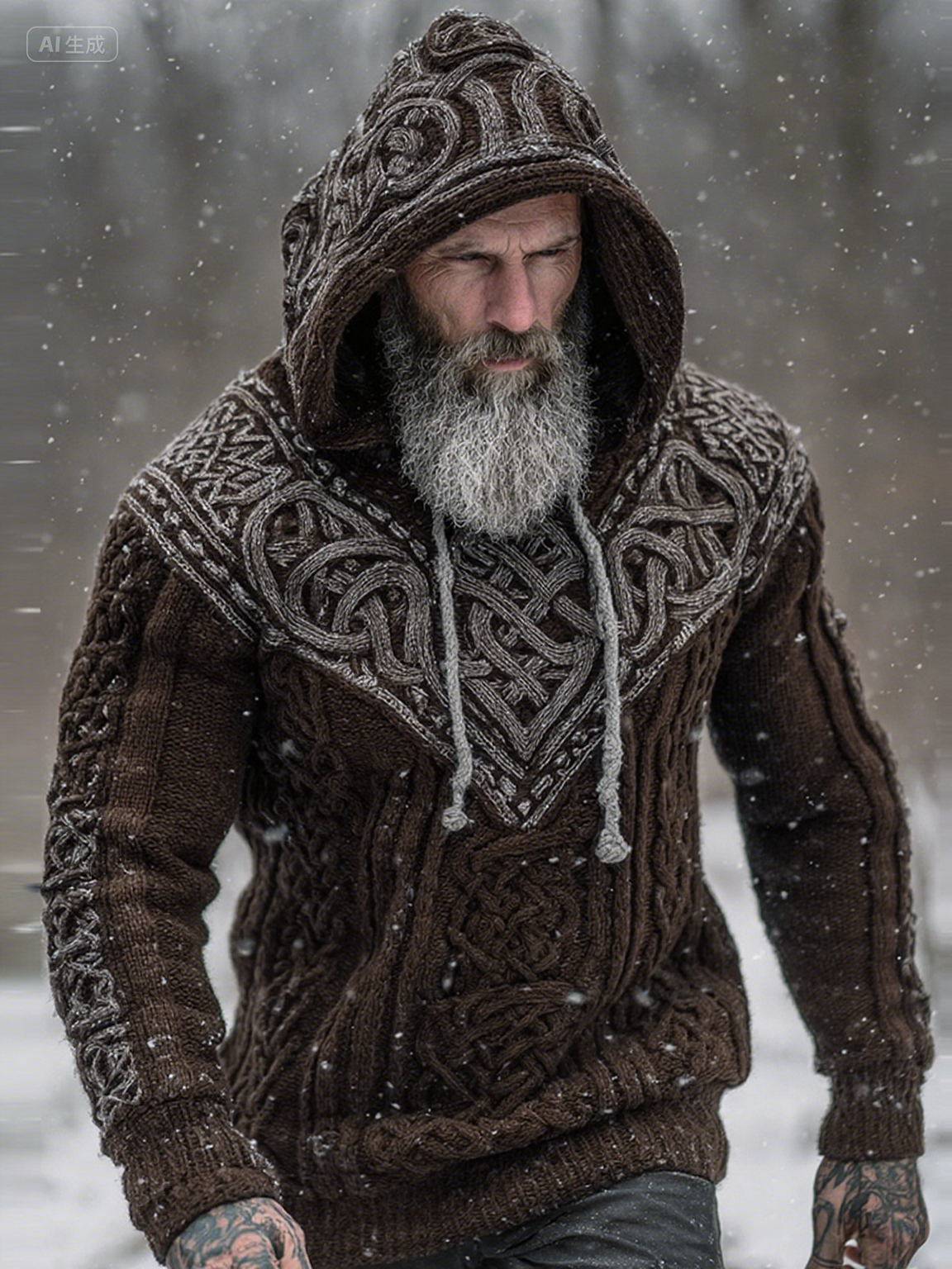 Men's Viking Tribal Jacquard Celtic Knotwork  Inspired Chunky Knit Hooded Sweater artswardrobe