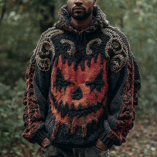 Men's Halloween Devil Smiling Face Vintage Knitted Hooded Sweater artswardrobe