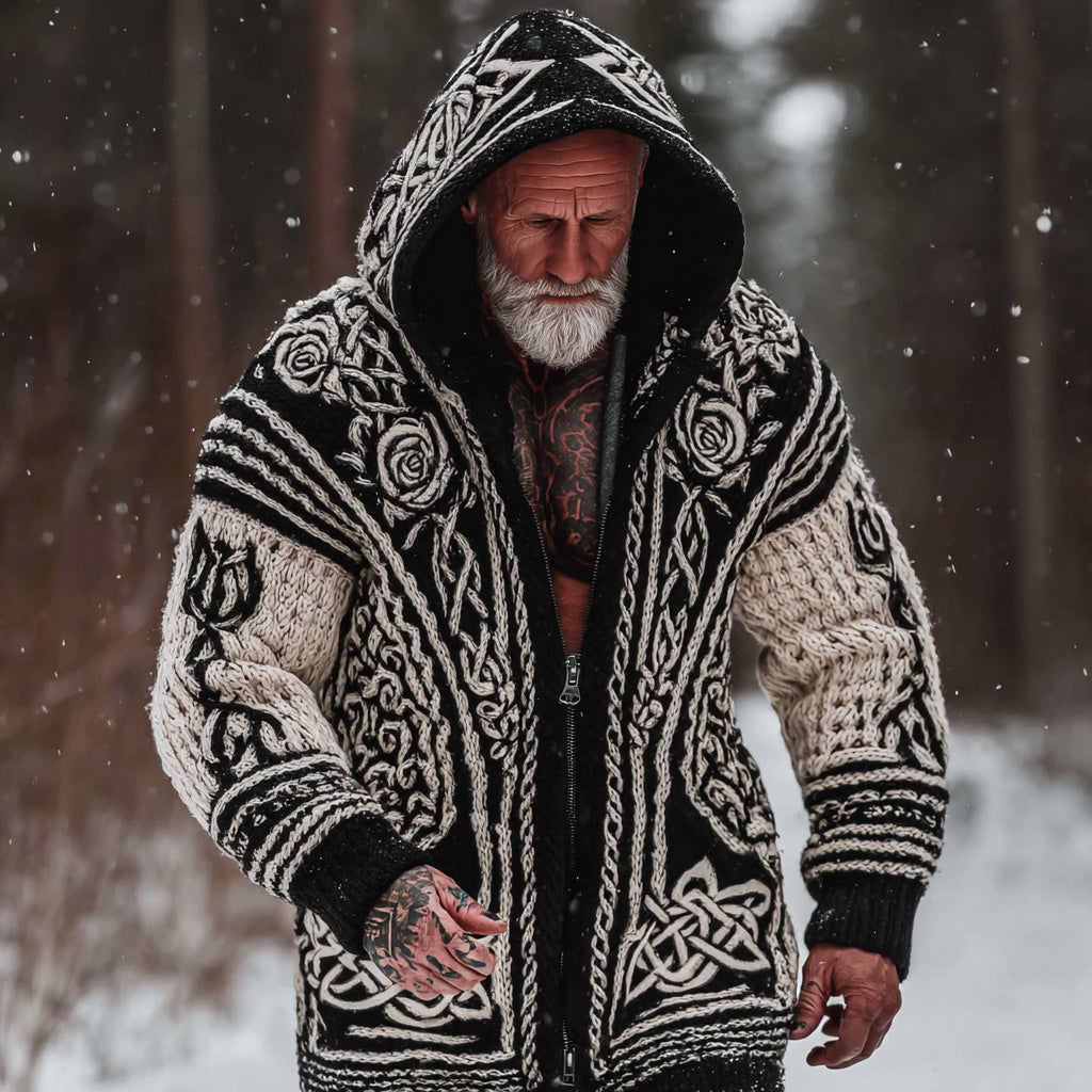 Men's Viking Tribal Jacquard Celtic With Rose Inspired Chunky Knit Zipped Hooded Sweater artswardrobe