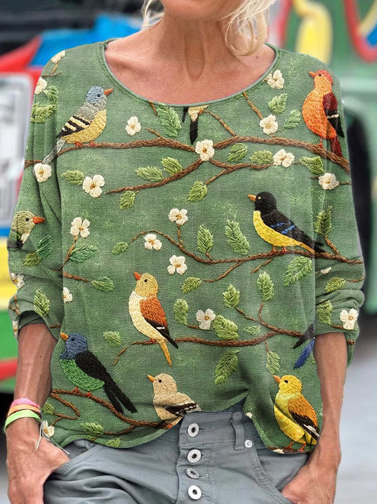 Women's Flower And Bird Embroidery Art Long Sleeve T-shirt artswardrobe