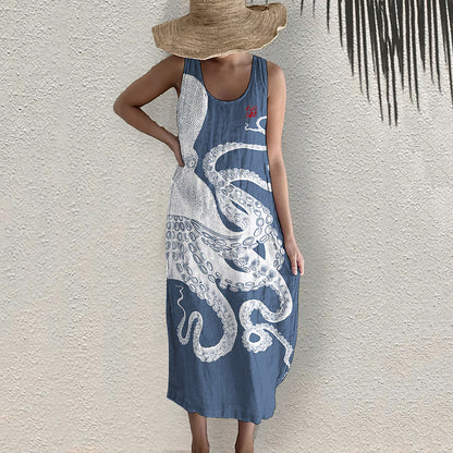 Comstylish Japanese Art Octopus Print Sleeveless Midi Dress