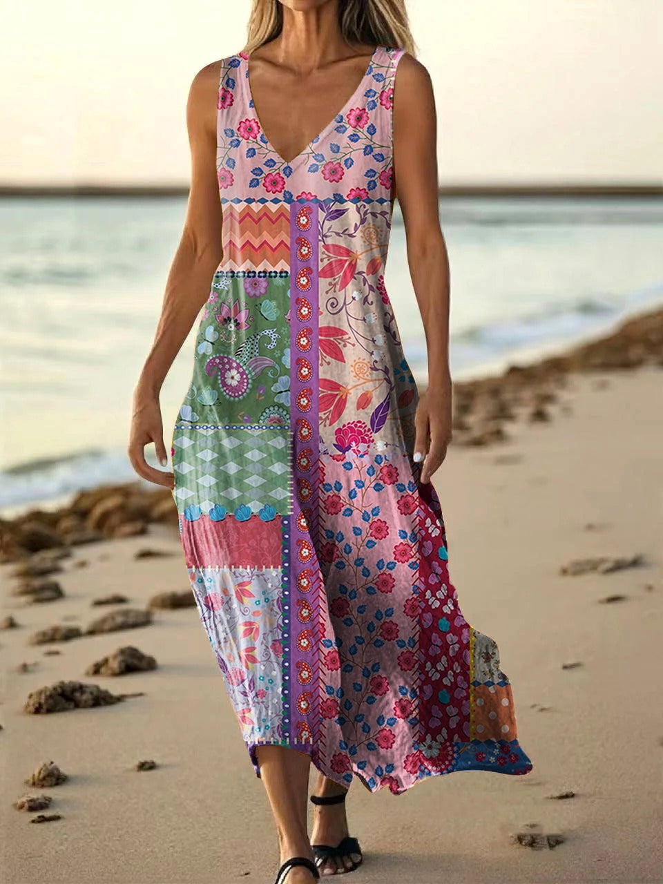 Women's Floral Art Print Pocket Cotton Dresses