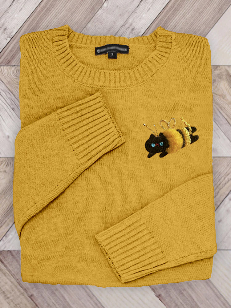 Funny Cat Bee Embroidered Crew Neck Cozy Sweater elevenforest
