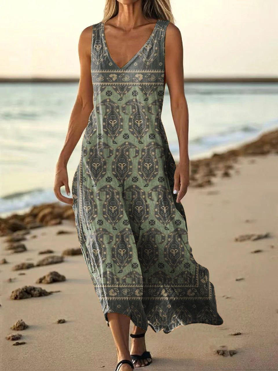 Women's Vintage Paisley Floral Art Print Pocket Cotton Dress