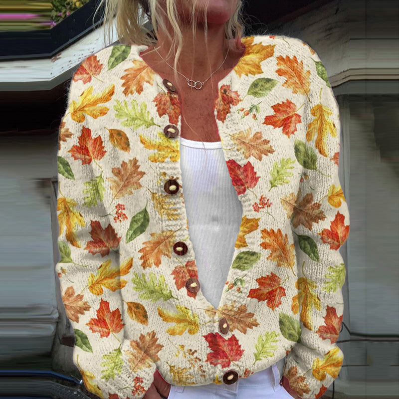 Autumn Leaf Print Long Sleeved Casual Knitted Cardigan artswardrobe