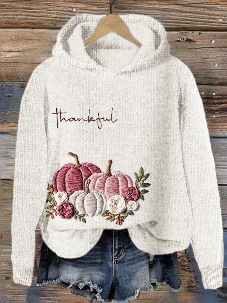 Thanksgiving Thankful Pink Pumpkins Floral Embroidered Cozy Hooded Sweater artswardrobe