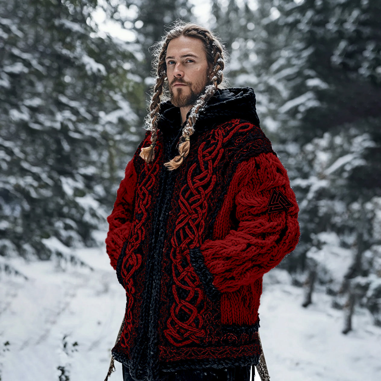 Men's Viking Tribal Jacquard Celtic Chunky Knit Zipper Hooded Cardigan elevenforest