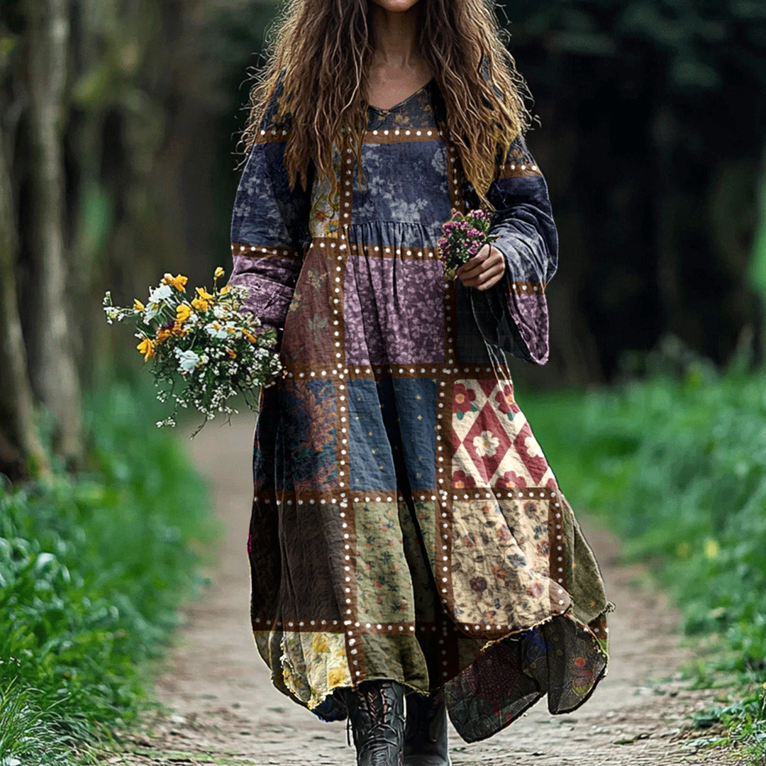 Vintage Patchwork Art Cotton Linen Comfy Maxi Dress artswardrobe
