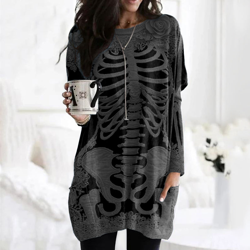 Women's Halloween Skeleton Bones With Rose Art Cozy Knit Turtleneck Mini Sweater Dress artswardrobe