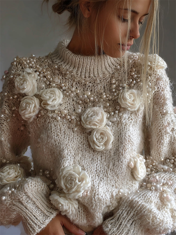 Classy White Roses Pearls Beaded Turtleneck Cozy Knit Sweater elevenforest