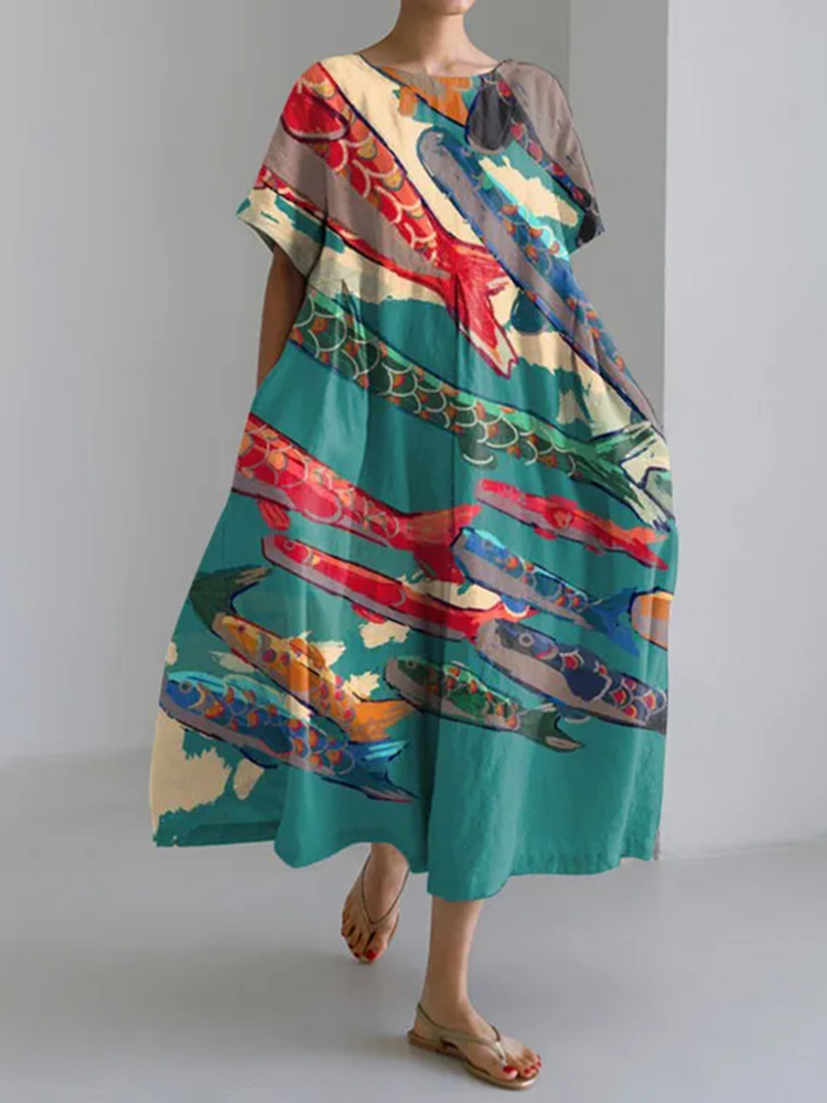 Japanese Ocean Art Print Loose Casual Midi Dress