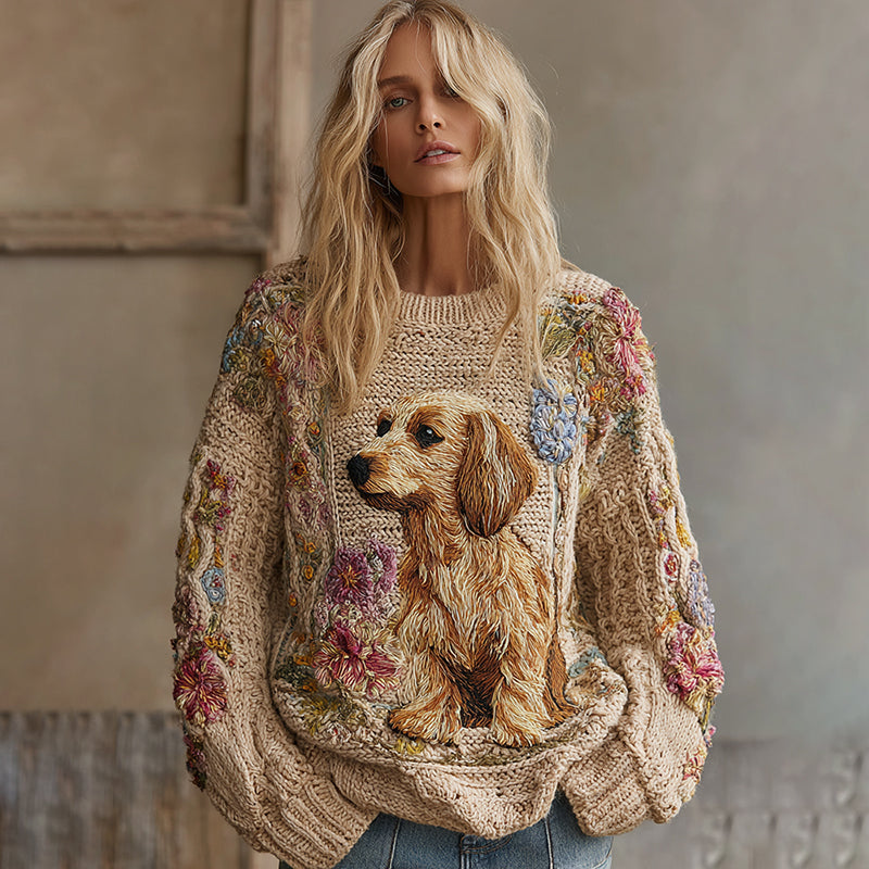 Vintage Boho Flowers And Golden Retriever Cozy Knit Sweater elevenforest