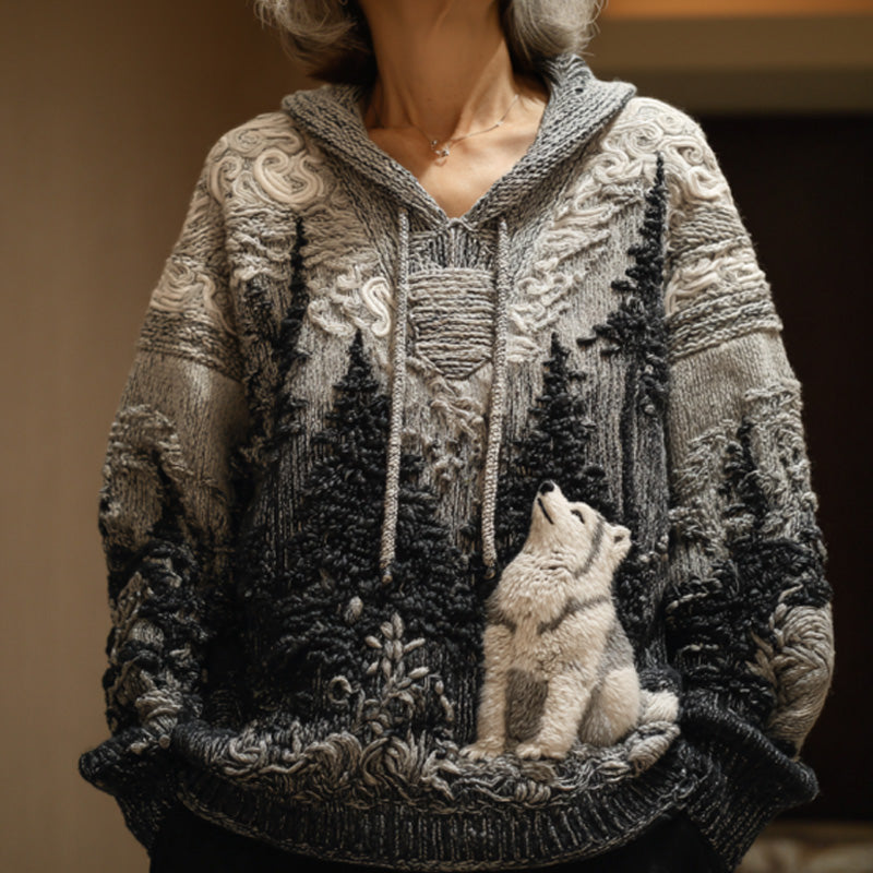 Women's Vintage Dog Embroidered Hooded Sweater artswardrobe