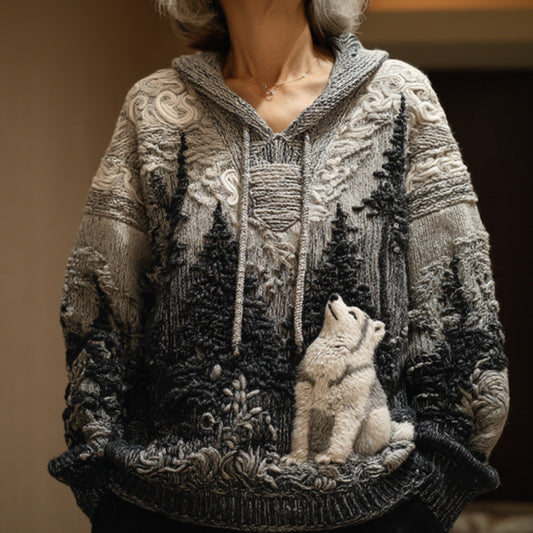 Women's Vintage Dog Embroidered Hooded Sweater artswardrobe